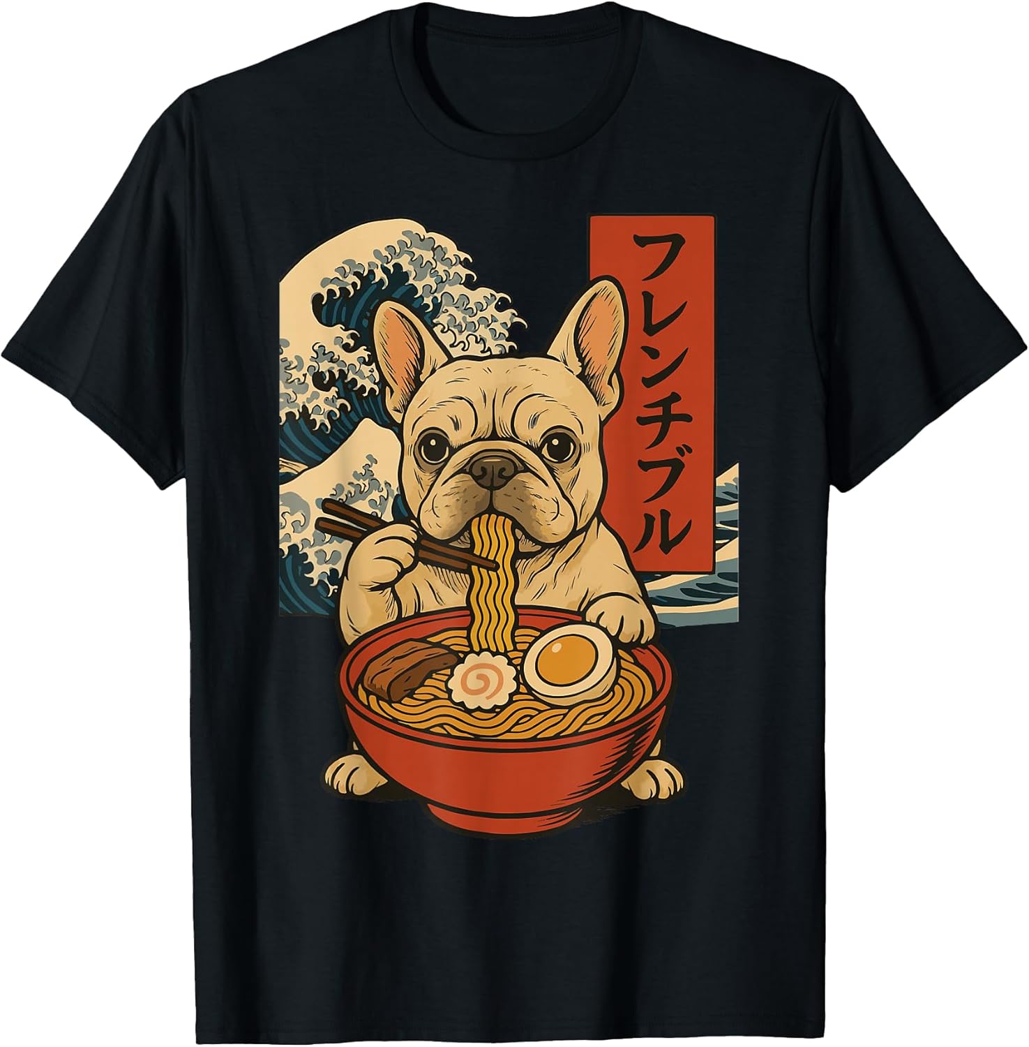 French Bulldog Eating Ramen Anime Japanese Unisex , , , Long Sleeve Tee