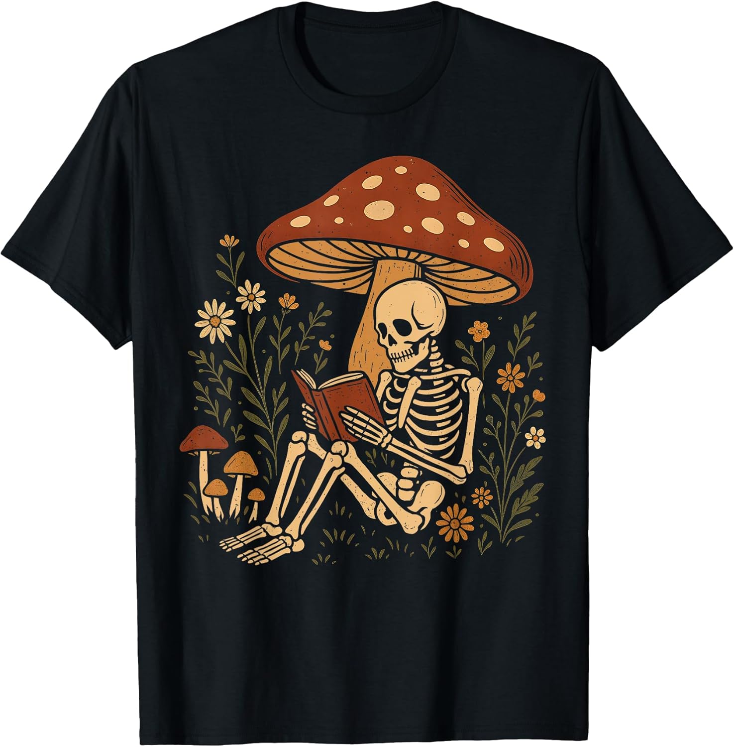 Cottagecore Aesthetic Floral Mushroom Skeleton Reading Books Unisex , , , Long Sleeve Tee