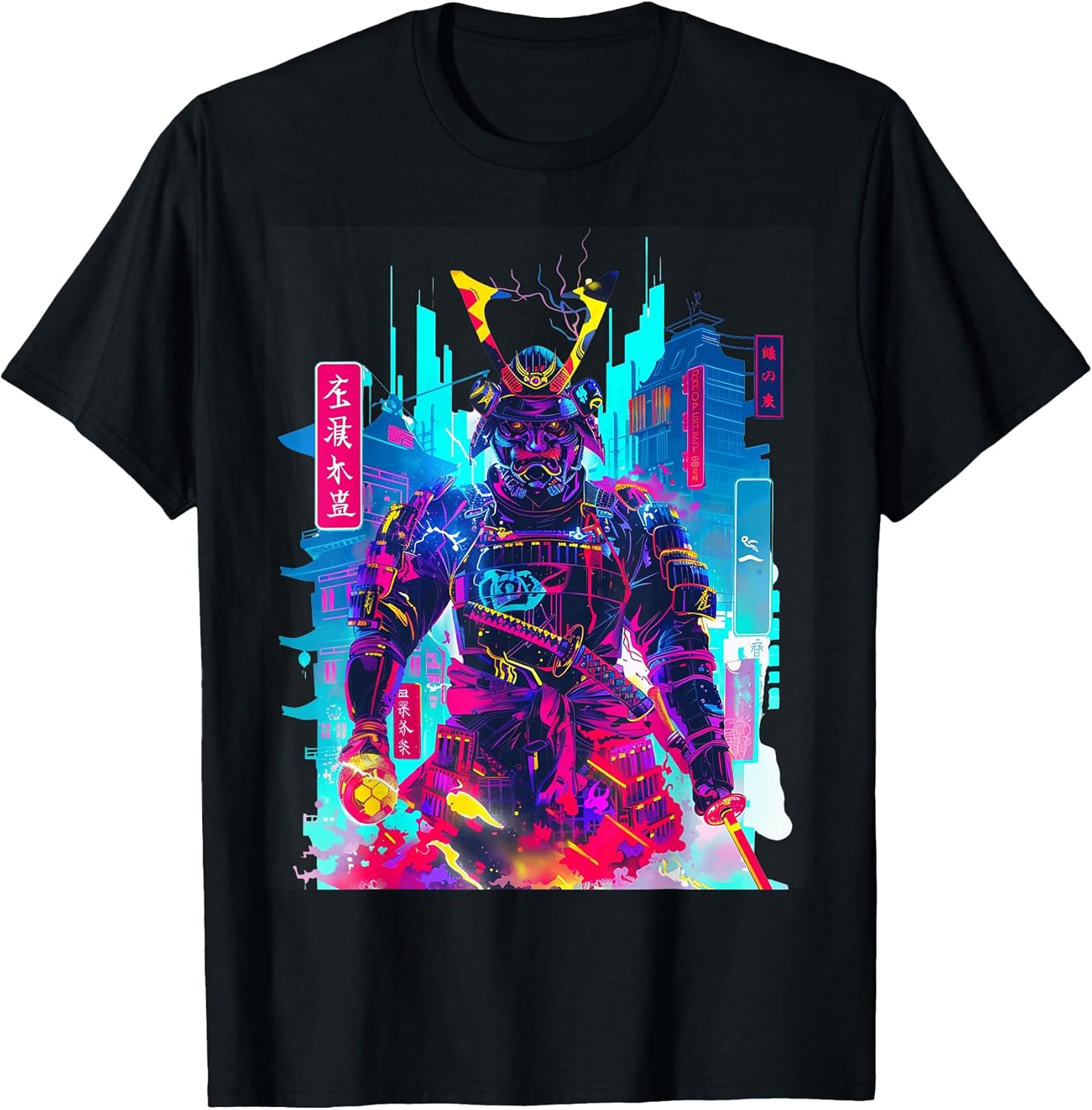 Cyberpunk Neon Samurai Japanese Art Unisex , , , Long Sleeve Tee