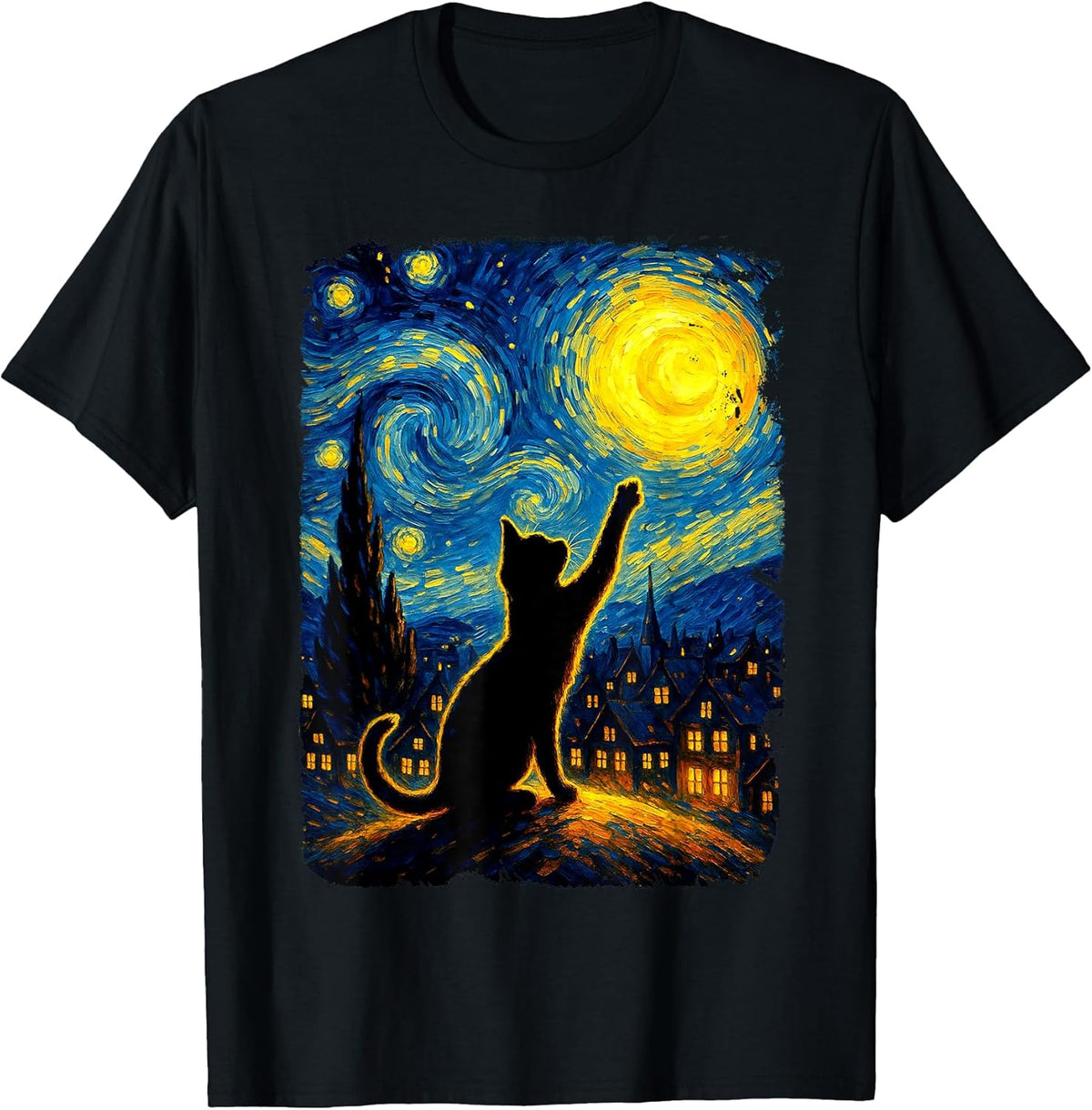 Black Cat Starry Night Van Gogh Cat, Cat Mom, Cat Dad Unisex , , , Long Sleeve Tee