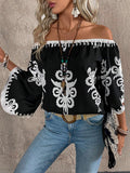 Women's Off The Shoulder Tops Bell Long Sleeve Top Allover Print Blouse Shirts Unisex , , , Long Sleeve Tee