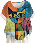 Abstract Cat Printed for Women Summer Crewneck Short Sleeve Comfy Tee Colorful Cute Animal Pattern Top