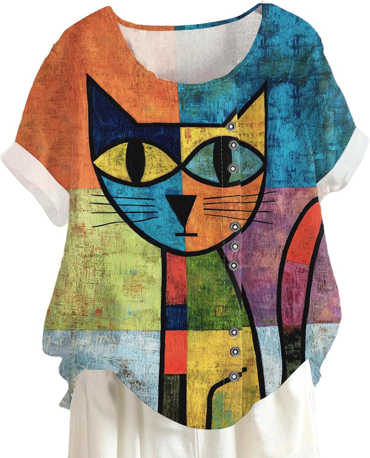 Abstract Cat Printed for Women Summer Crewneck Short Sleeve Comfy Tee Colorful Cute Animal Pattern Top