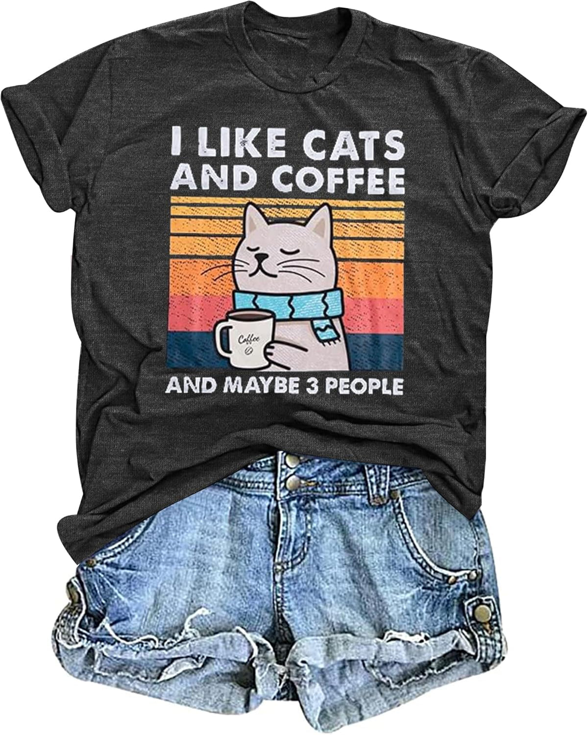 Cat Shirt I Like Cats and Coffee and Maybe 3 People Graphic Vintage Cat Lover Shirts Retro Coffee Lover Gift Tee Tops