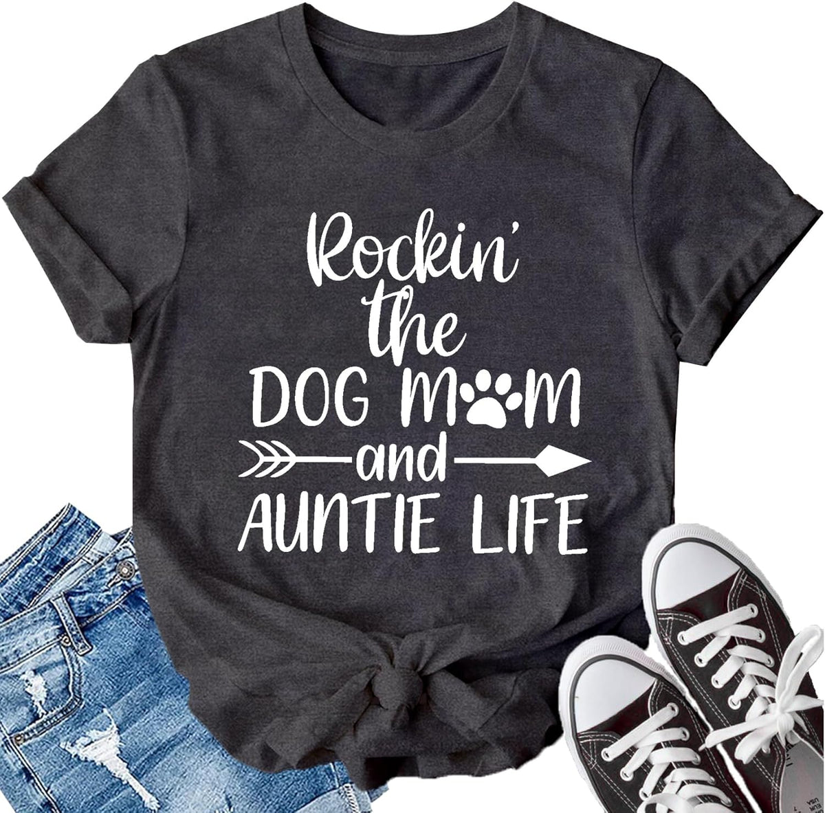 Dog Mom Shirt for Women Auntie Life Funny Dog Lover Casual Shirts Dog Owners Tee Tops