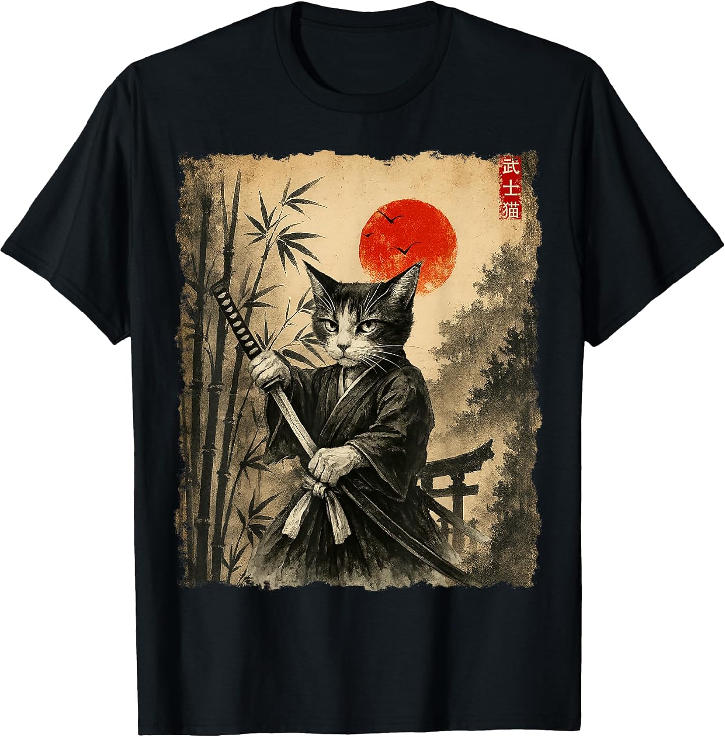 Samurai Cat Japanese Art Men Boys Funny Graphic Tee Anime Unisex , , , Long Sleeve Tee