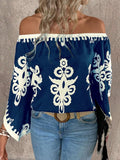 Women's Off The Shoulder Bell 3/4 Sleeve Top Allover Print Blouse Shirts Unisex , , , Long Sleeve Tee