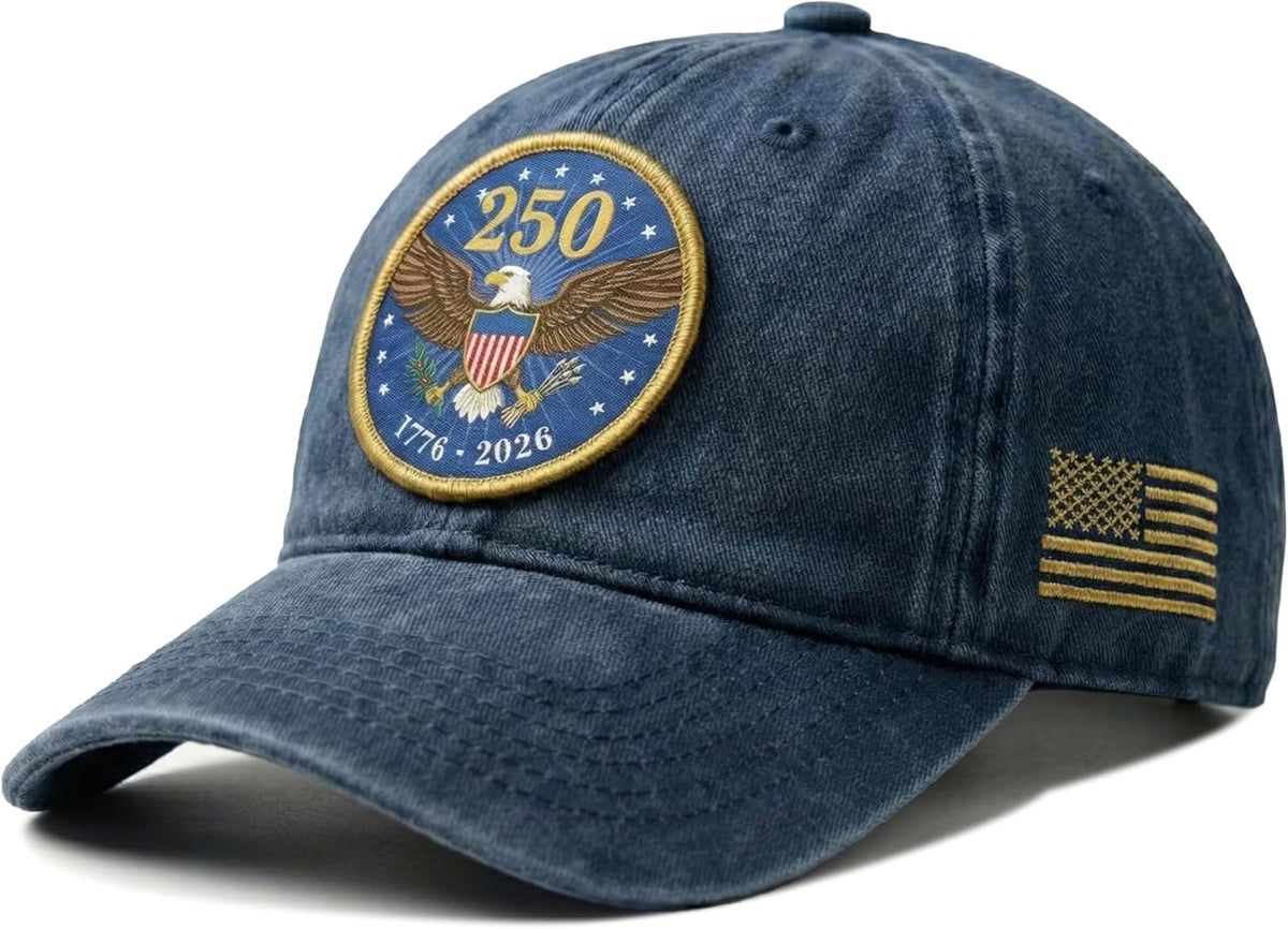 Vintage USA 250th Anniversary Hat: 1776-2026 Commemorative 3D Patch Cap with Side American Flag