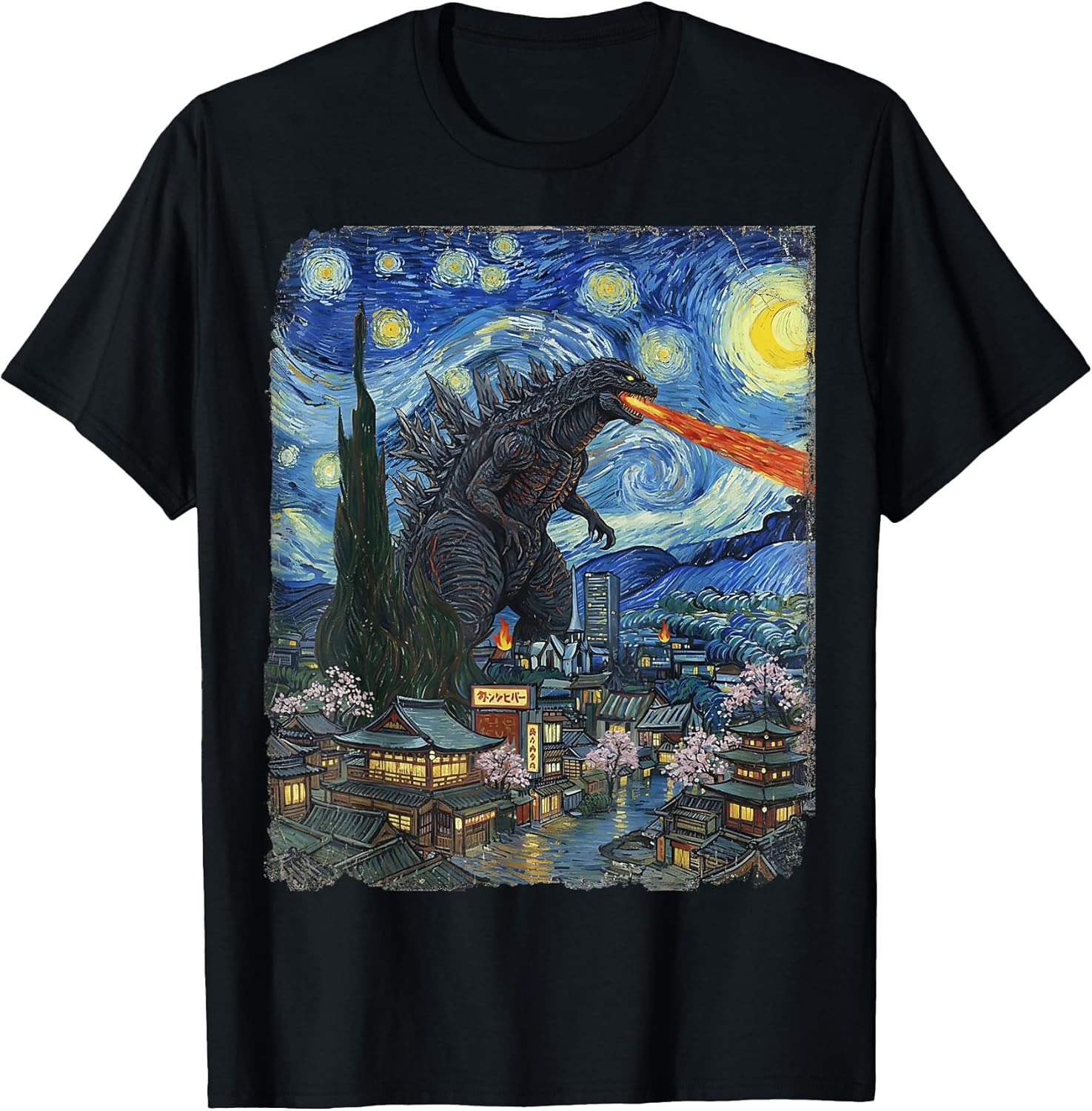 Kaiju Monster Japanese Vangogh starrynight Vintage Unisex , , , Long Sleeve Tee