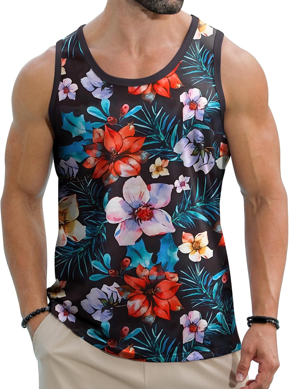 Men's Hawaiian Tank Tops Tropical Funky Floral Beach Tops Sleeveless Basic Breathable Aloha Tee Summer