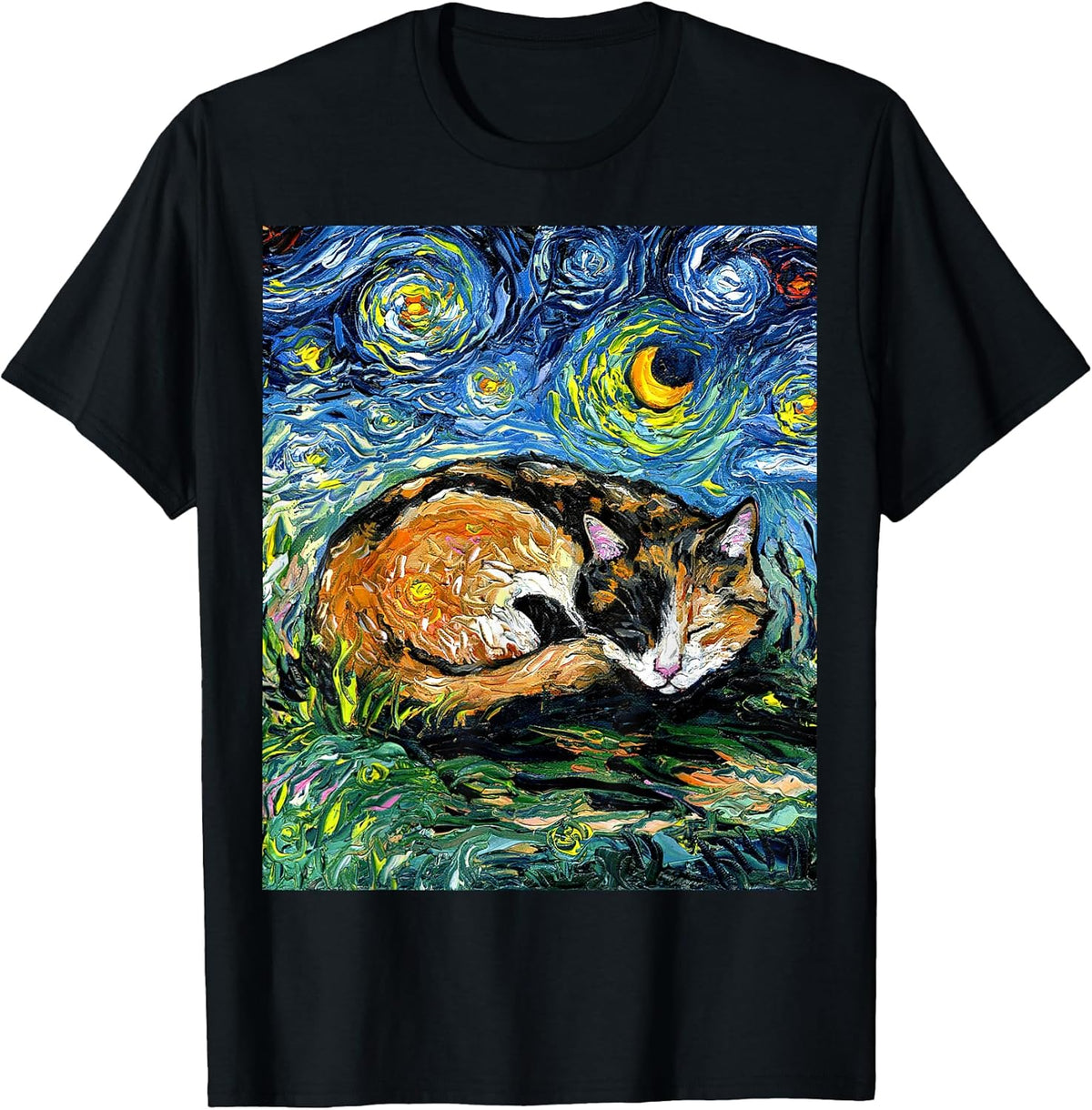Sleeping Calico Cat Starry Night Animal Lover Pet Artwork Unisex , , , Long Sleeve Tee