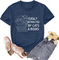 Book Lover Shirts for Women Cat Lover Tshirts Easily Distracted by Cats and Books Tee Tops