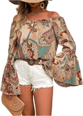 Women's Off The Shoulder Bell Long Sleeve Top Boho Allover Print Blouse Shirts Unisex , , , Long Sleeve Tee