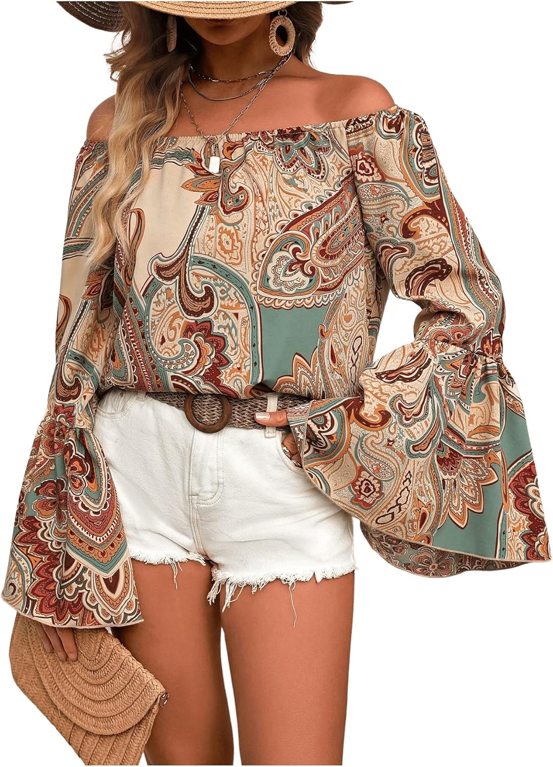 Women's Off The Shoulder Bell Long Sleeve Top Boho Allover Print Blouse Shirts Unisex , , , Long Sleeve Tee