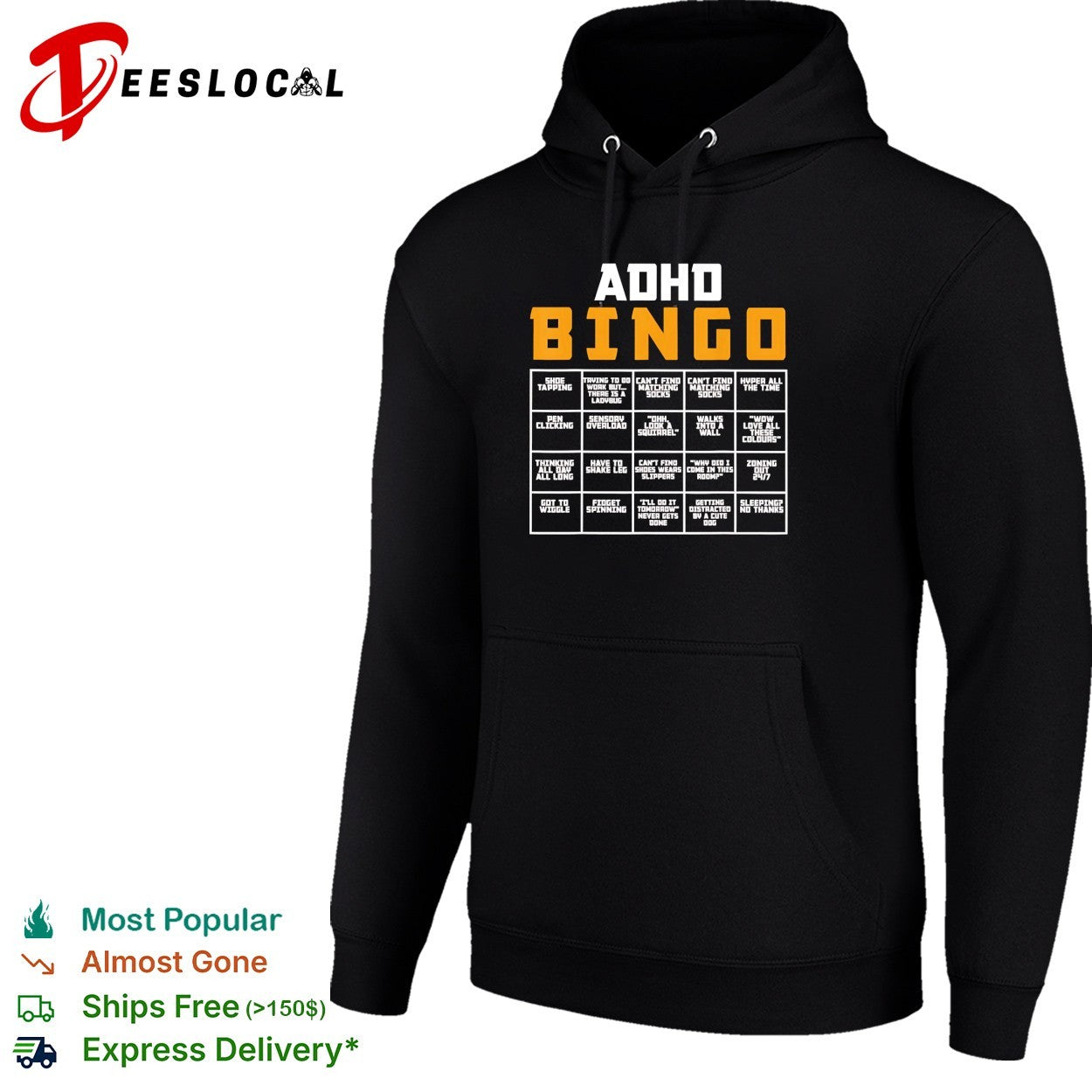 ADHD bingo card infographic with 20 relatable symptom squares grid chart shirt