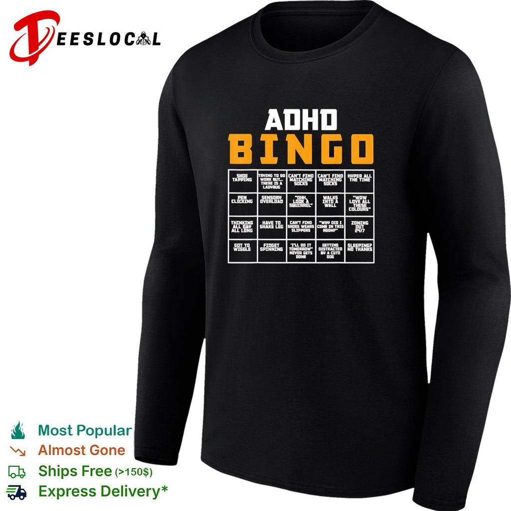 ADHD bingo card infographic with 20 relatable symptom squares grid chart shirt