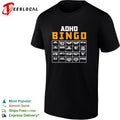 ADHD bingo card infographic with 20 relatable symptom squares grid chart shirt