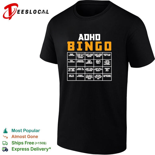 ADHD bingo card infographic with 20 relatable symptom squares grid chart shirt
