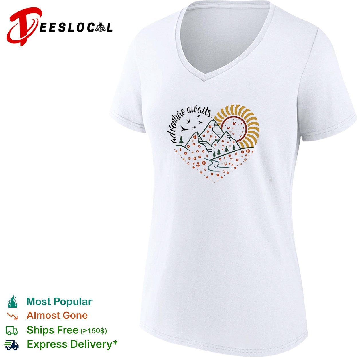 Adventure awaits mountains and river inside floral heart with birds flying shirt