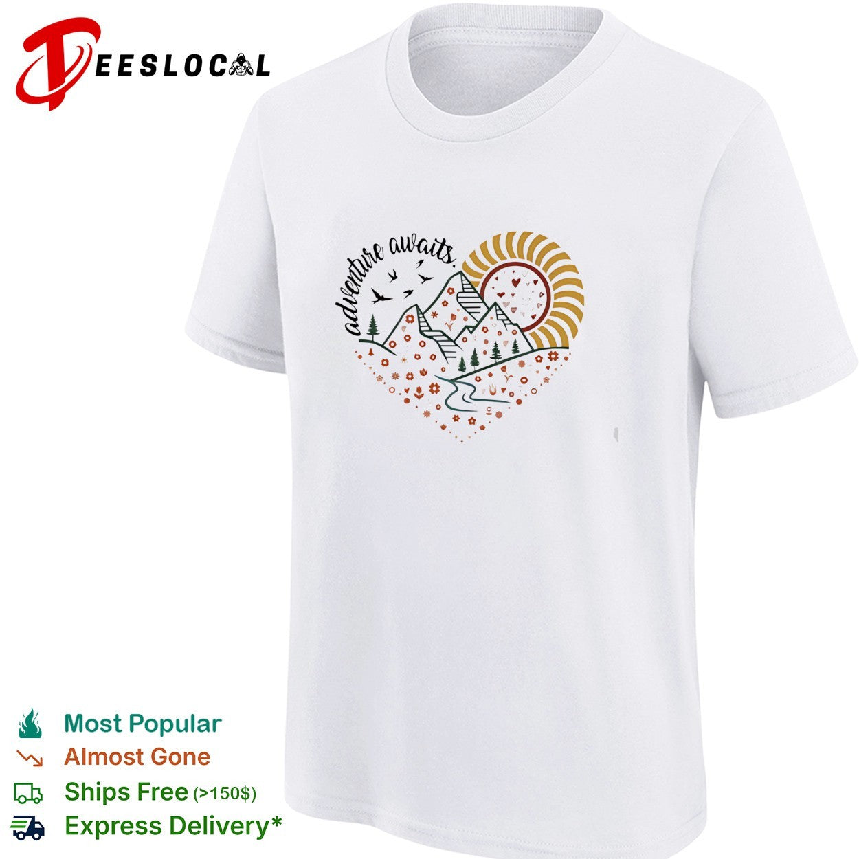 Adventure awaits mountains and river inside floral heart with birds flying shirt