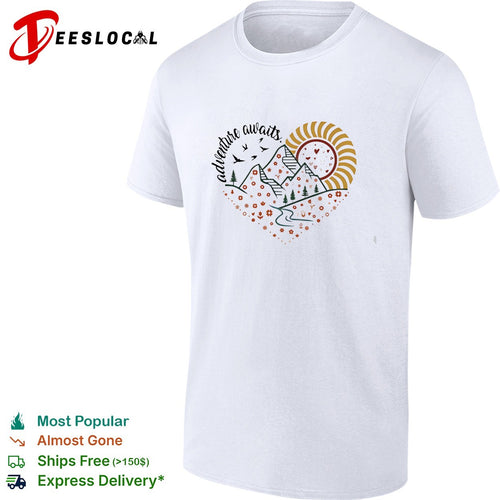 Adventure awaits mountains and river inside floral heart with birds flying shirt