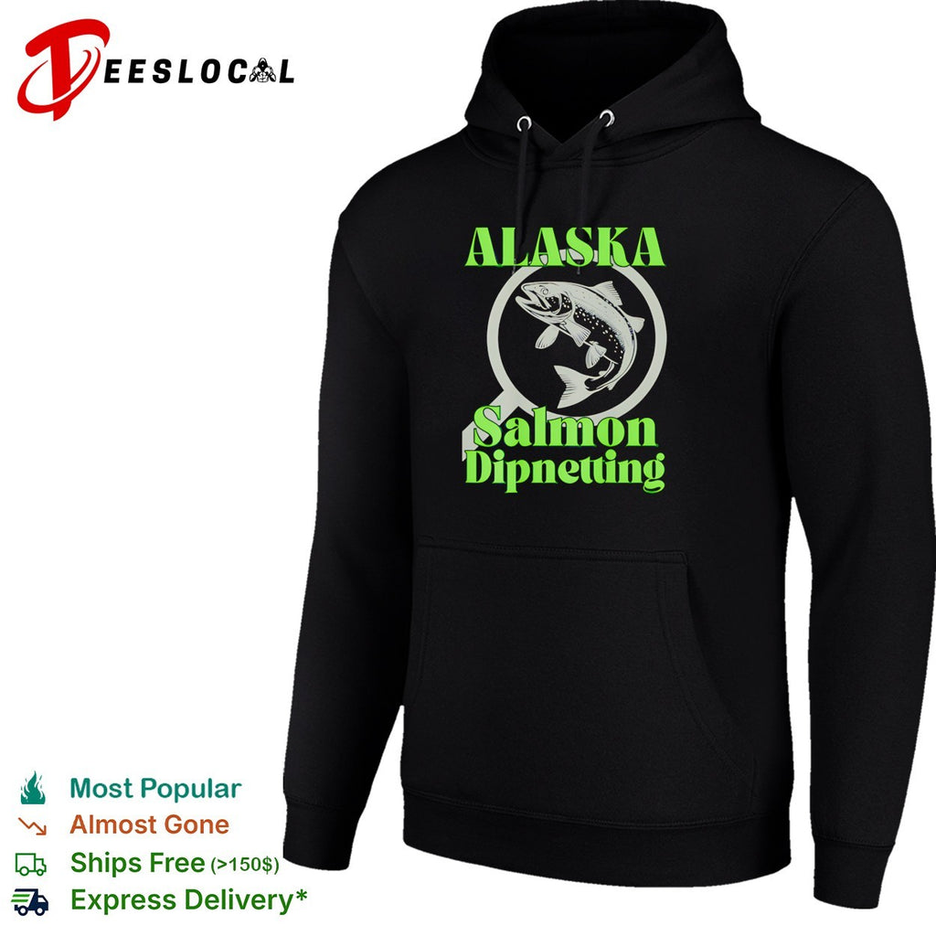 Alaska salmon dipnetting fish jumping through arrow and net circle logo shirt