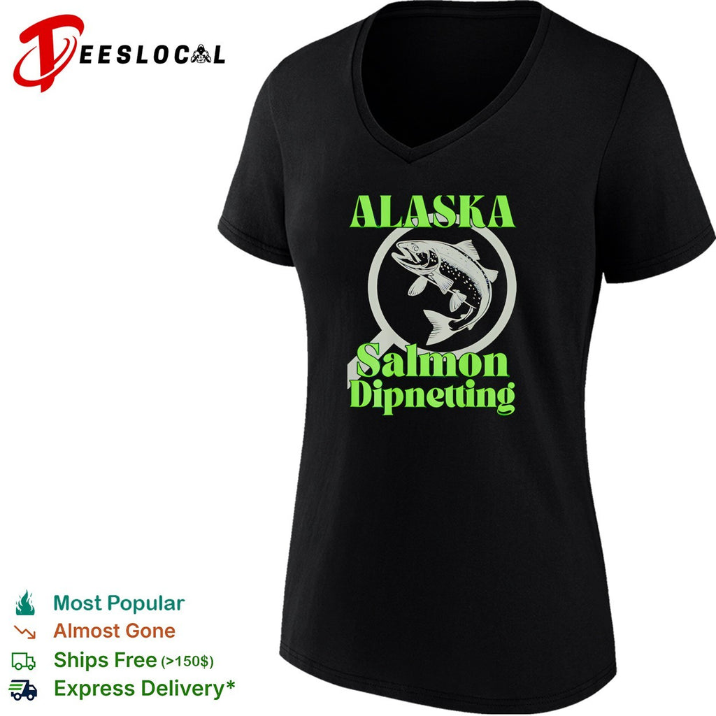 Alaska salmon dipnetting fish jumping through arrow and net circle logo shirt