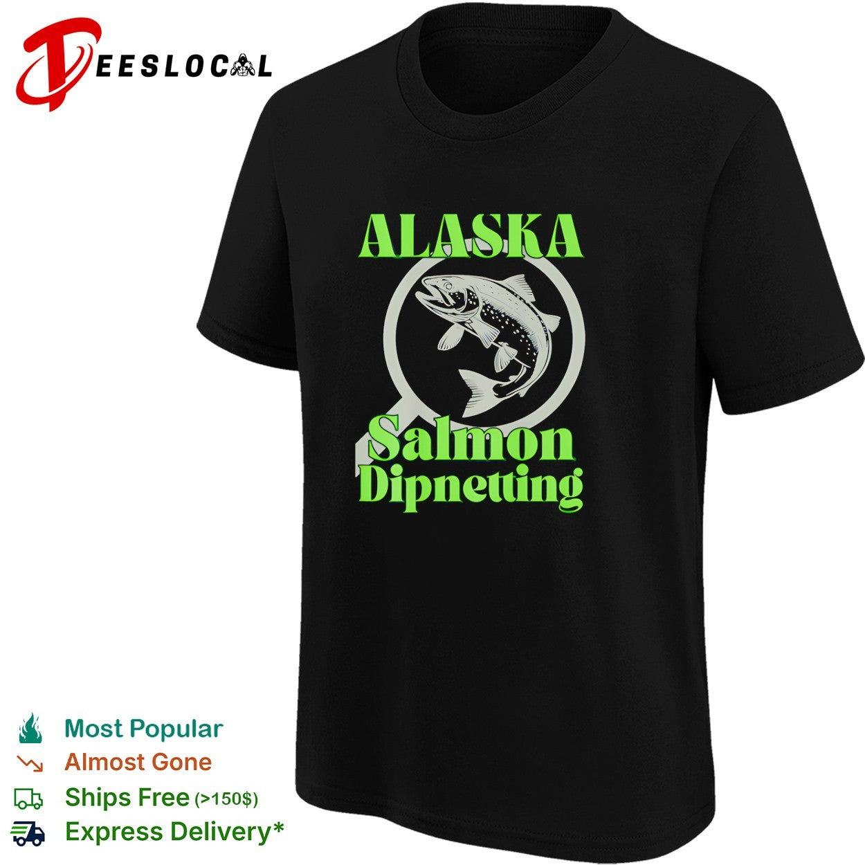 Alaska salmon dipnetting fish jumping through arrow and net circle logo shirt
