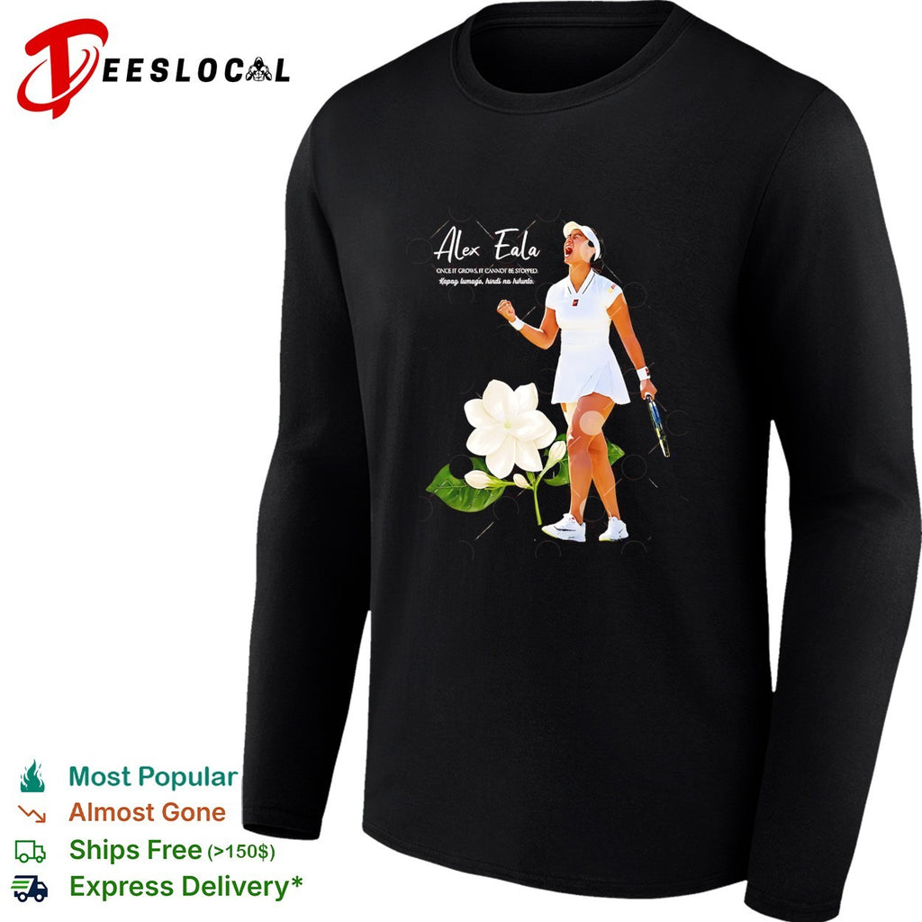 Alex Eala celebrating with clenched fist holding tennis racket once it grows shirt