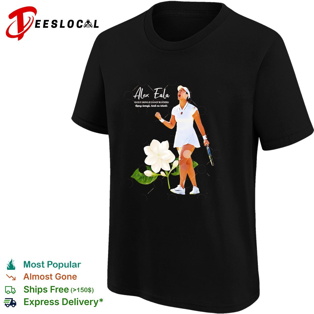 Alex Eala celebrating with clenched fist holding tennis racket once it grows shirt