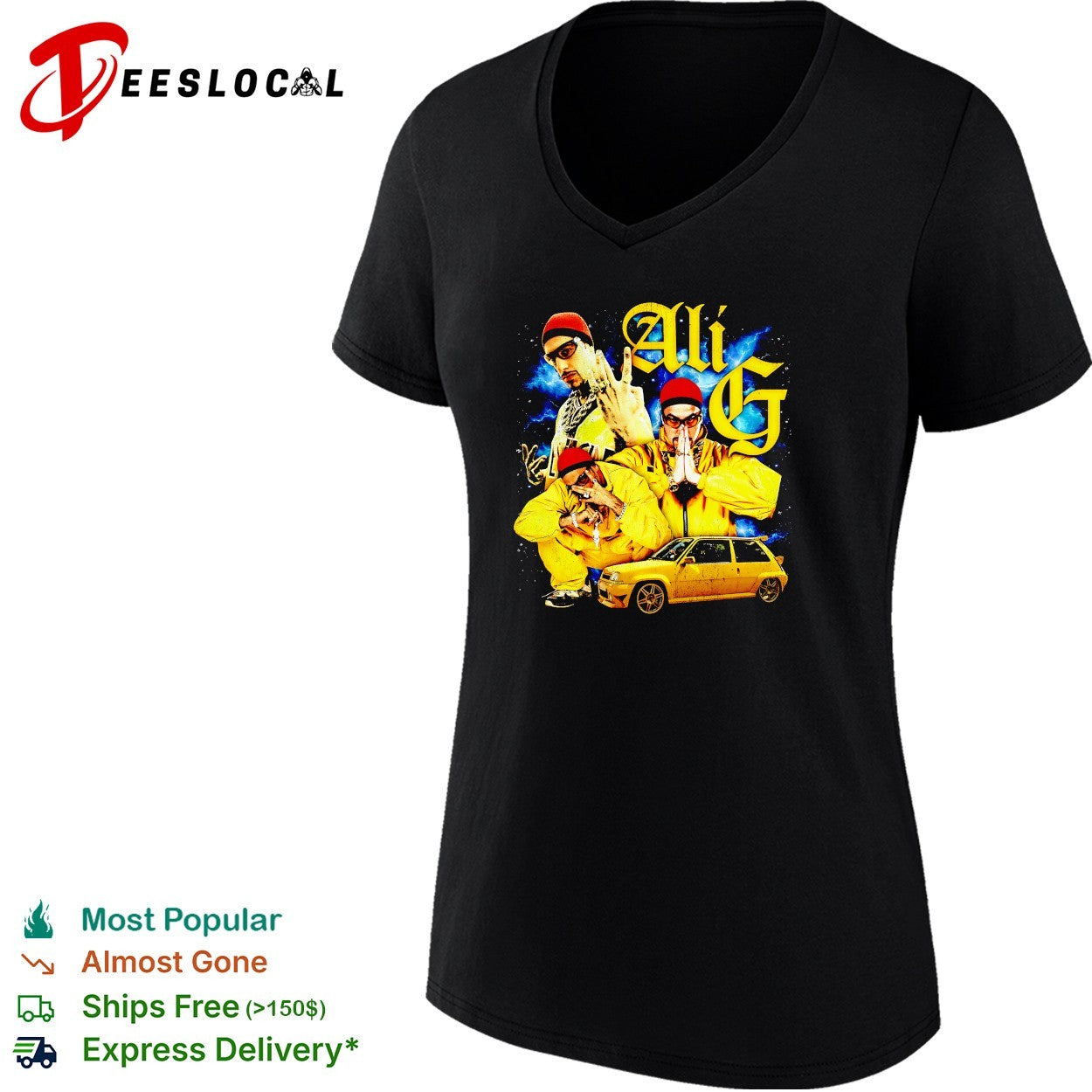 Ali G wih yellow car graphic shirt