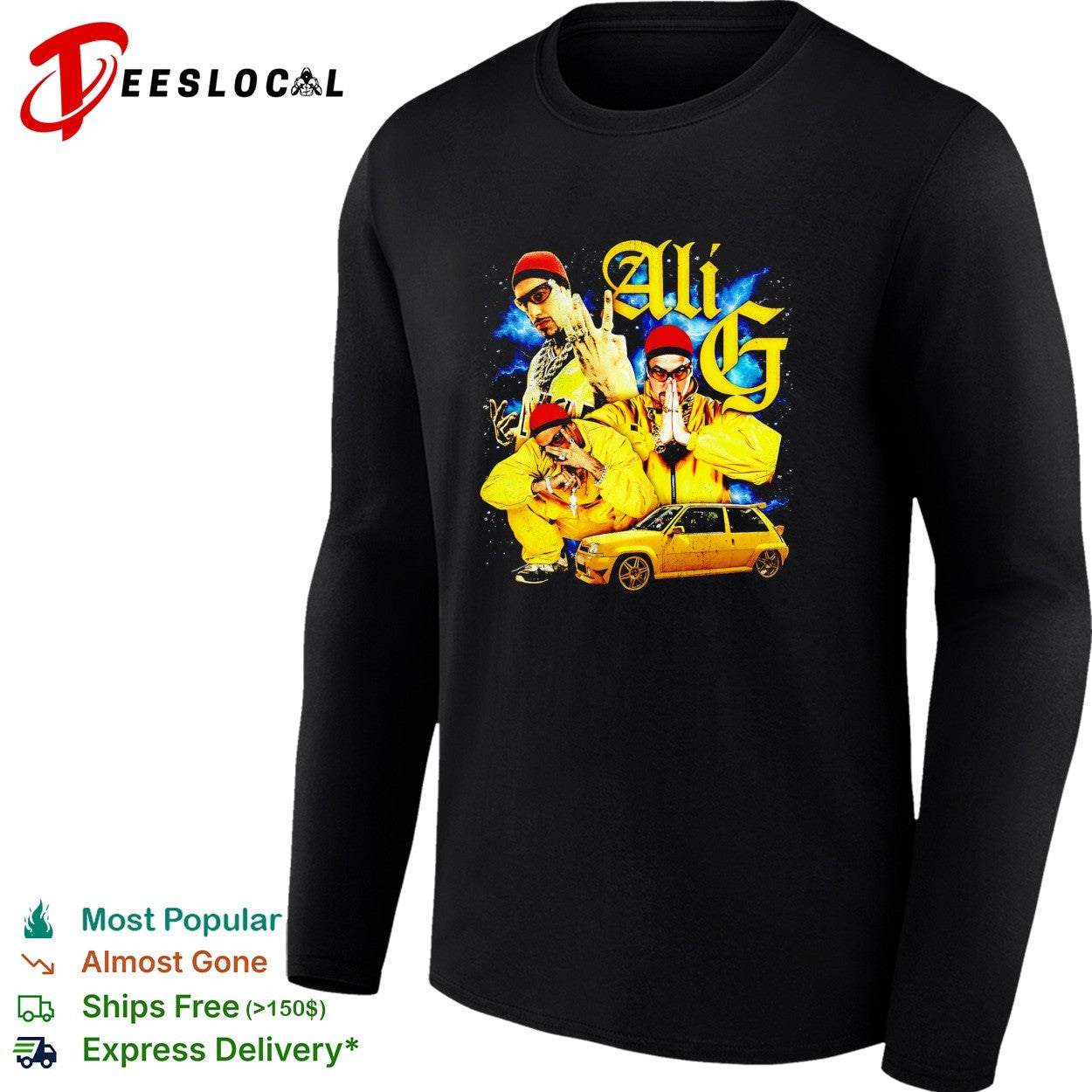 Ali G wih yellow car graphic shirt