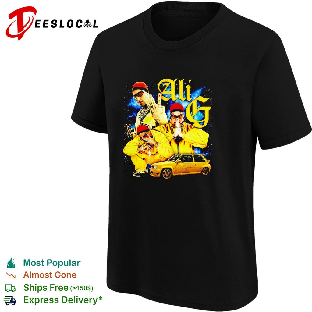 Ali G wih yellow car graphic shirt