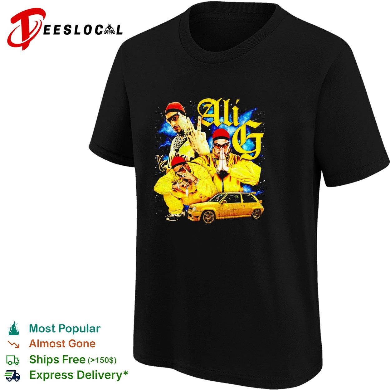 Ali G wih yellow car graphic shirt