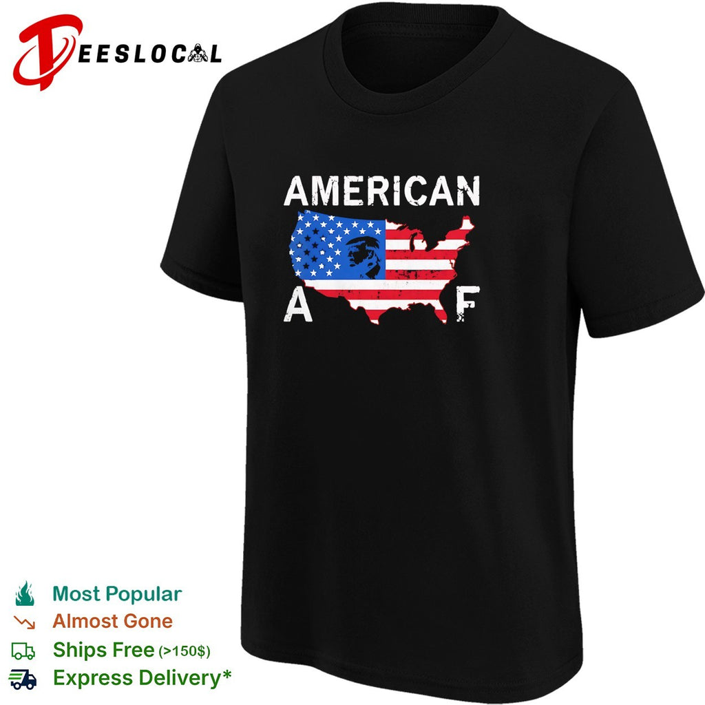American AF USA map covered in flag with political figure profile silhouette shirt
