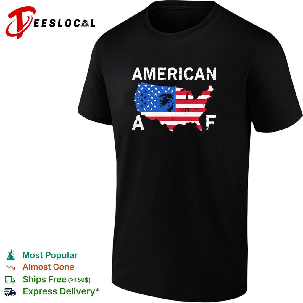 American AF USA map covered in flag with political figure profile silhouette shirt