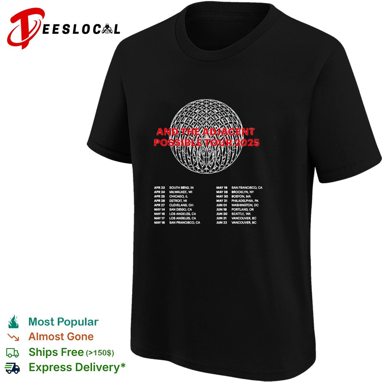 And the adjacent possible tour 2025 poster with intricate geometric sphere pattern shirt