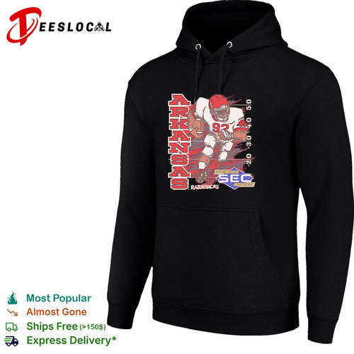 Arkansas Razorbacks football player number 92 running SEC conference shirt