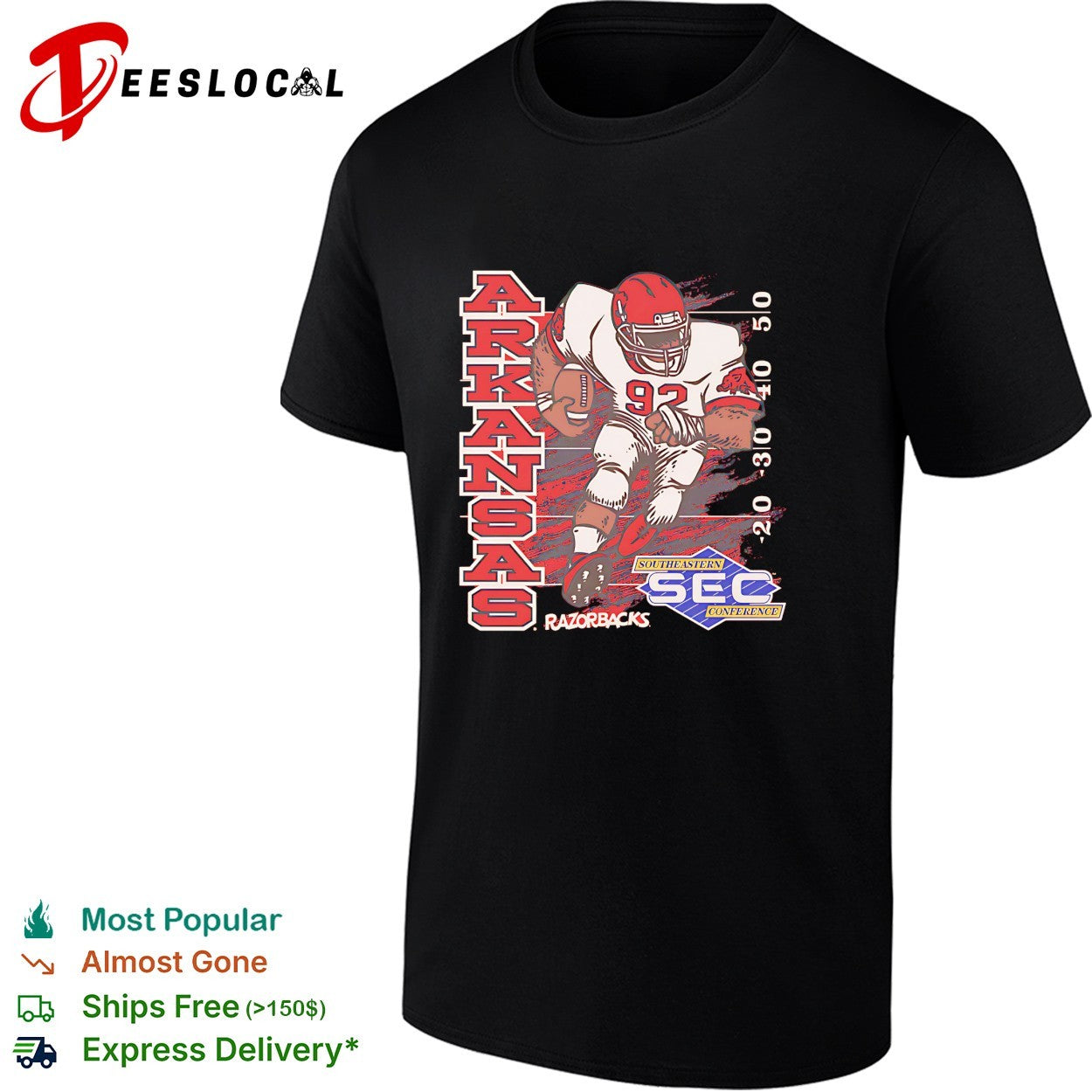 Arkansas Razorbacks football player number 92 running SEC conference shirt