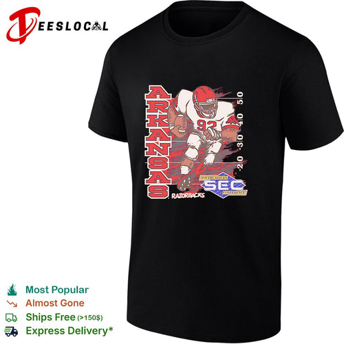 Arkansas Razorbacks football player number 92 running SEC conference shirt