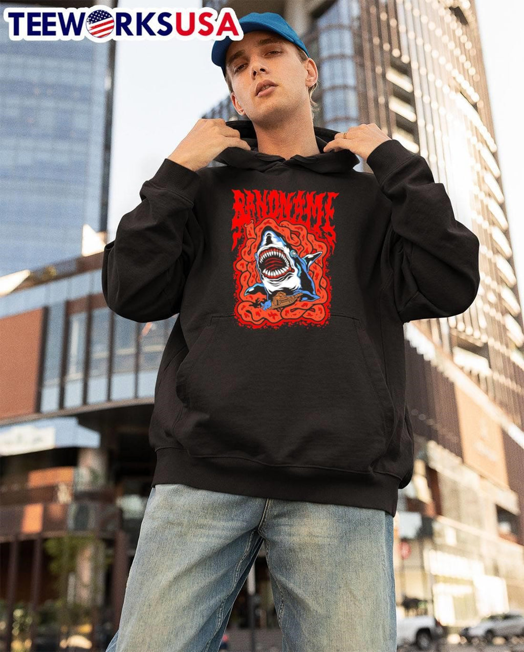Bandname Hungry Shark Attacking Boat Horror Movie Inspired T-Shirt