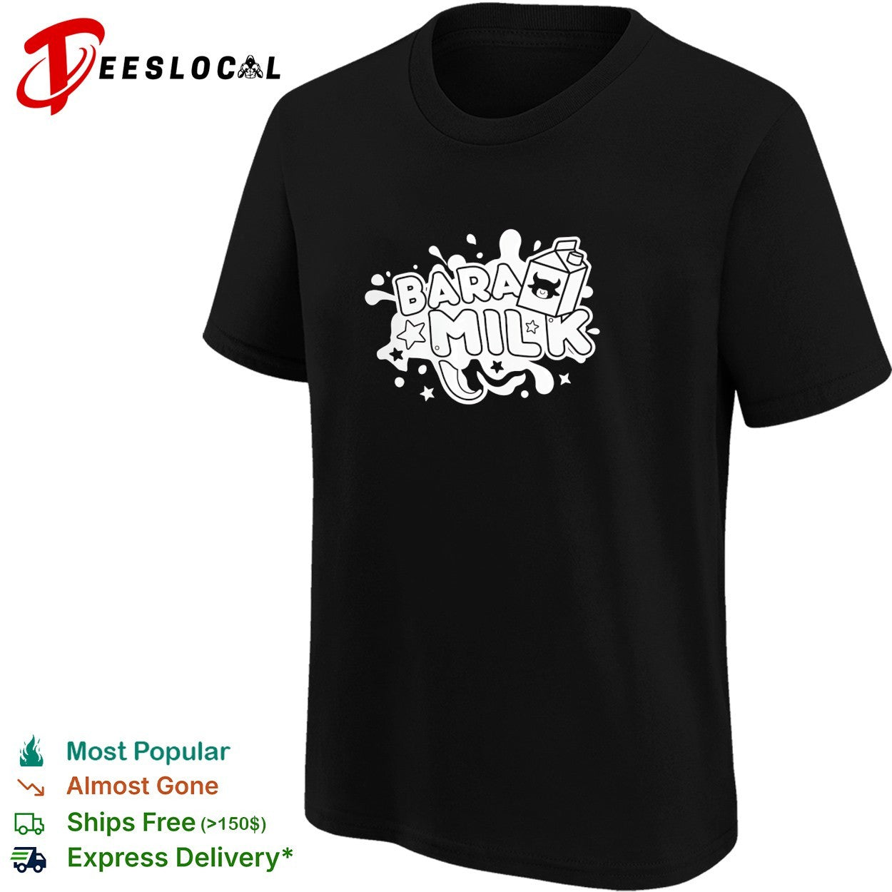 Bara Milk splash logo with cow face milk carton box and scattered stars shirt