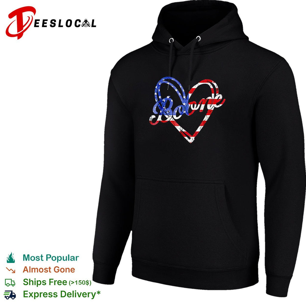Boone cursive script name traced inside American flag heart shape outline shirt