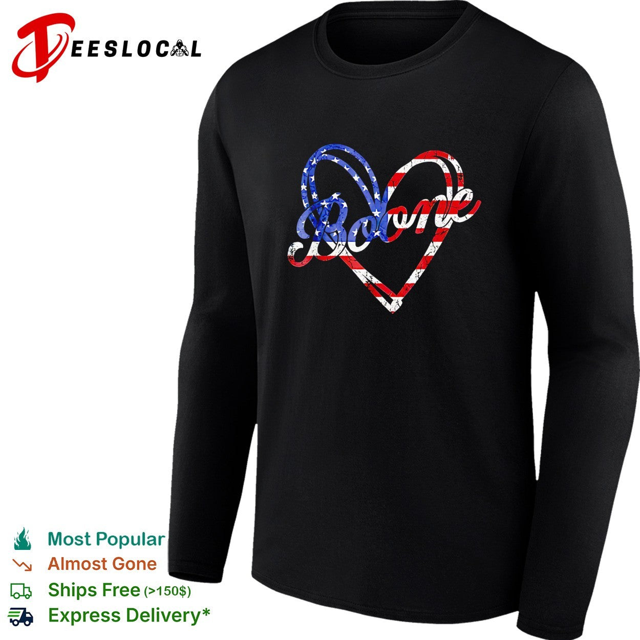 Boone cursive script name traced inside American flag heart shape outline shirt