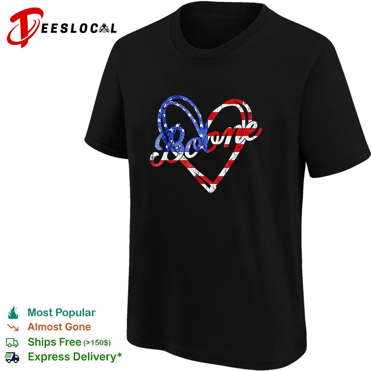Boone cursive script name traced inside American flag heart shape outline shirt