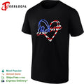 Boone cursive script name traced inside American flag heart shape outline shirt