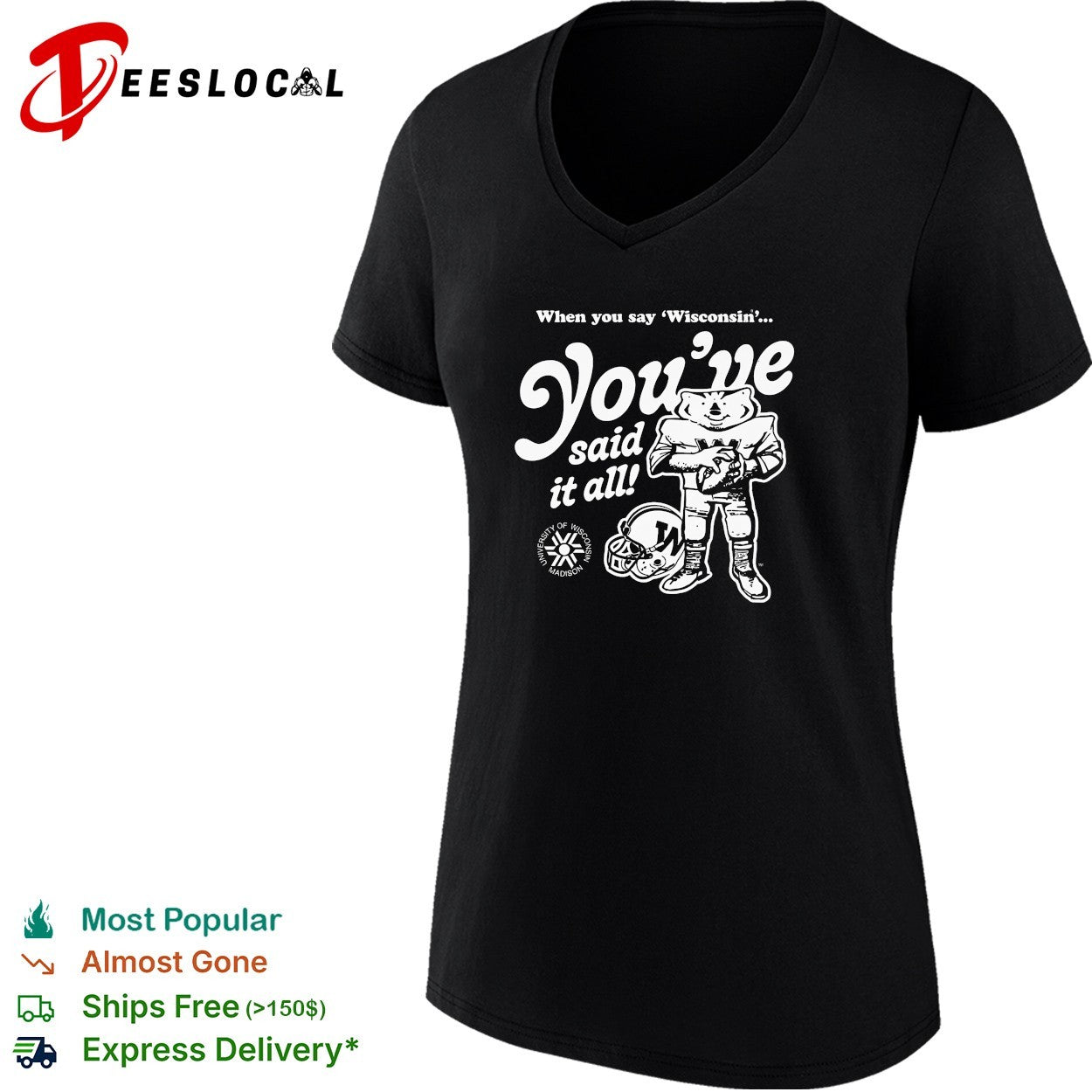 Bucky Badger mascot holding football Wisconsin you’ve said it all helmet shirt