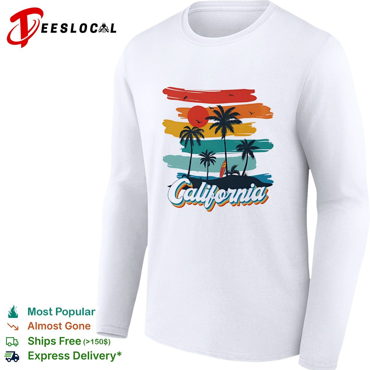 California retro sunset palm trees and surfboard on beach silhouette poster shirt