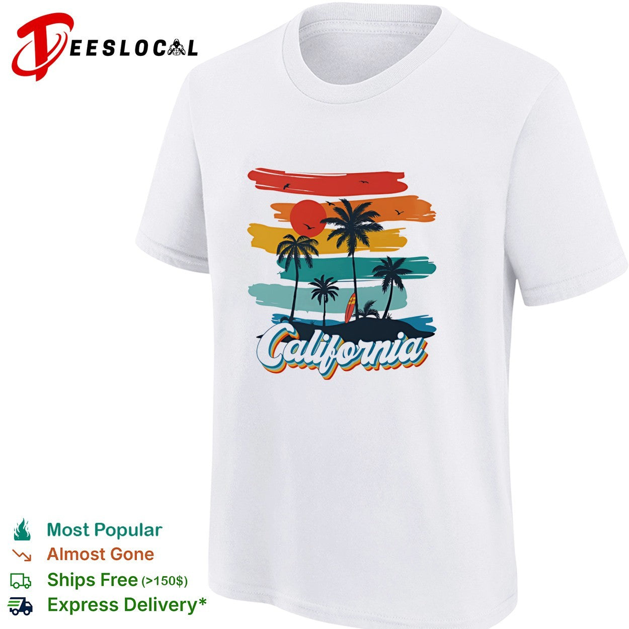 California retro sunset palm trees and surfboard on beach silhouette poster shirt
