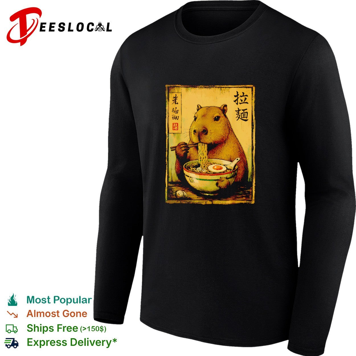 Capybara sitting and eating a bowl of ramen noodles with chopsticks Japanese shirt